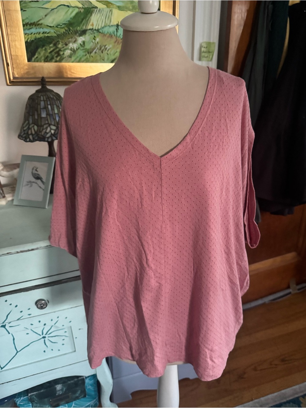Gudrun Sjoden Women’s Pink V-Neck Batwing Top Soft Textured Cotton Blend L VGUC